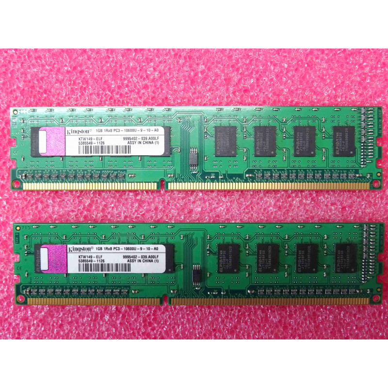 Lot de 2 barettes de RAM de 1Go DDR3 kingston KTW149-ELF ~ 1GB 1Rx8 PC3-10600U-9-10-A0