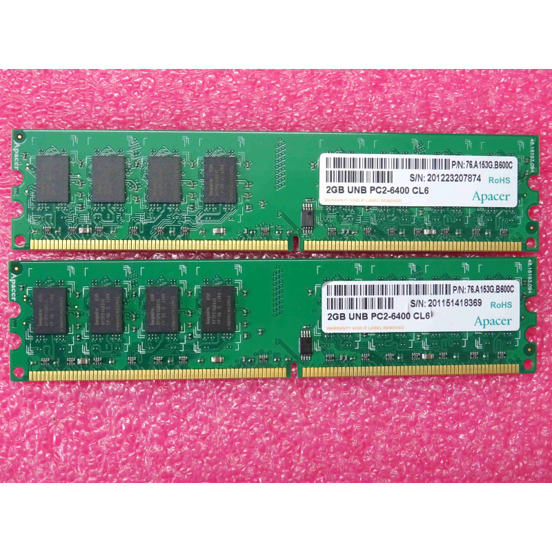 Lot de 2 barettes de RAM de 2Go DDR2 apacer 76.A153G.B600C ~ 2GB UNB PC2-6400U-CL6