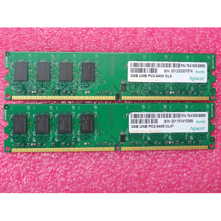 Lot de 2 barettes de RAM de 2Go DDR2 apacer 76.A153G.B600C ~ 2GB UNB PC2-6400U-CL6
