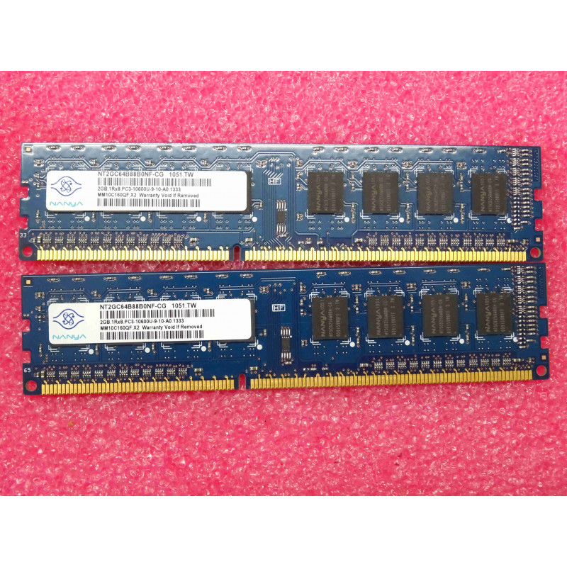 Lot de 2 barettes de RAM de 2Go DDR3 nanya NT2GC64B88B0NF-CG ~ 2GB 1Rx8 PC3 10600U-9-10-A0 ~ 1333Mbps