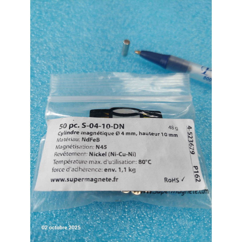 Lot de 50 Aimants magnétisé diamétralement S-04-10-DN  Ø 4 mm hauteur 10 mm tient env. 1,1 kg ( 2B1 )