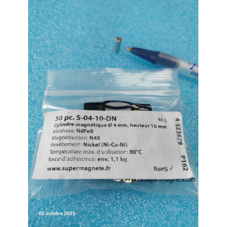 Lot de 50 Aimants magnétisé diamétralement S-04-10-DN  Ø 4 mm hauteur 10 mm tient env. 1,1 kg ( 2B1 )