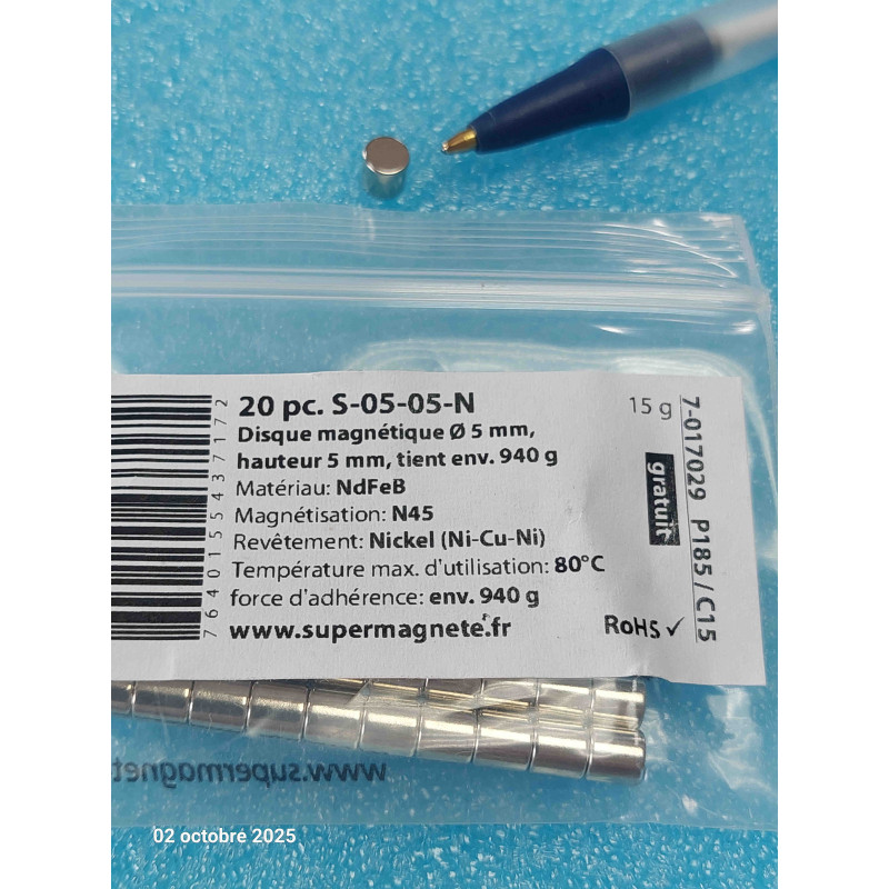 Lot de 20p Aimants  S-05-05-N  Disque magnétique Ø 5 mm, hauteur 5 mm tient env. 940 g