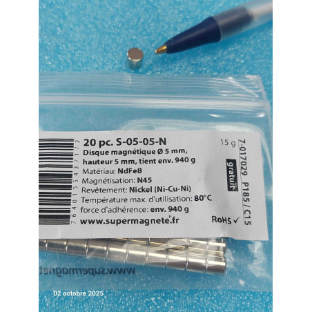 Lot de 20p Aimants  S-05-05-N  Disque magnétique Ø 5 mm, hauteur 5 mm tient env. 940 g