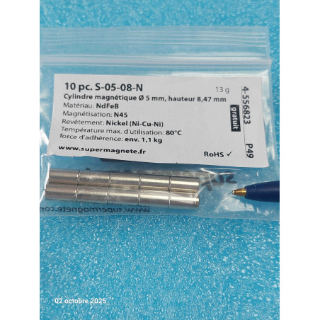 Lot de10p Aimants  Cylindre magnétique S-05-08-N Ø 5 mm hauteur 8,47 mm tient env. 1,1 kg