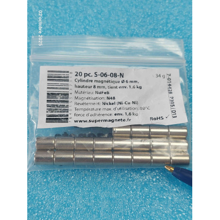 Lot de 20p Aimants  S-06-08-N Cylindre magnétique Ø 6 mm, hauteur 8 mm, tient env. 1,6 kg