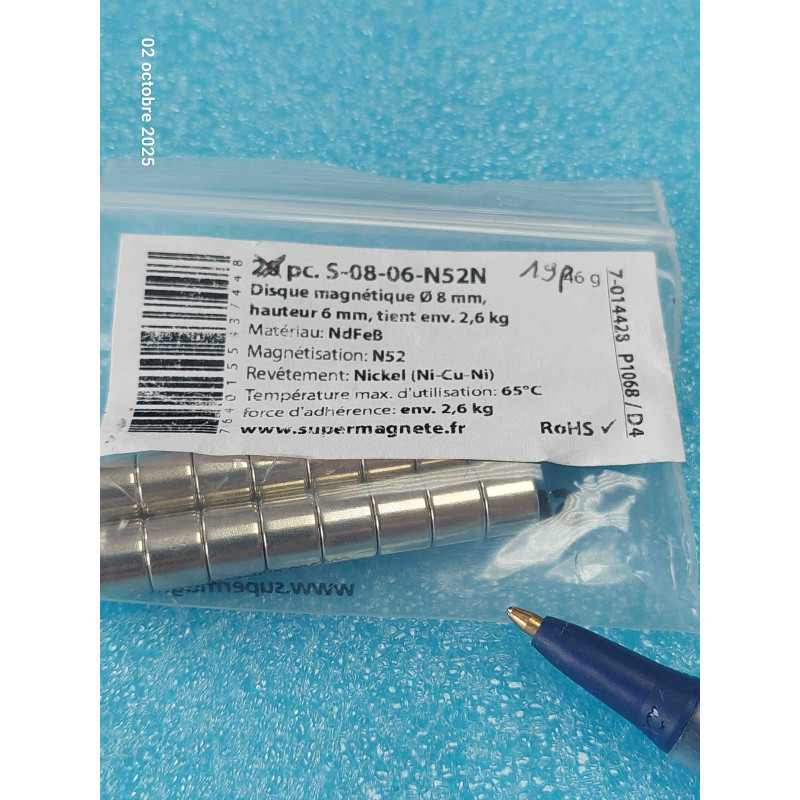 Lot de 19p Aimants S-08-06-N52N Disque magnétique Ø 8 mm hauteur 6 mm, tient env. 2,6 kg