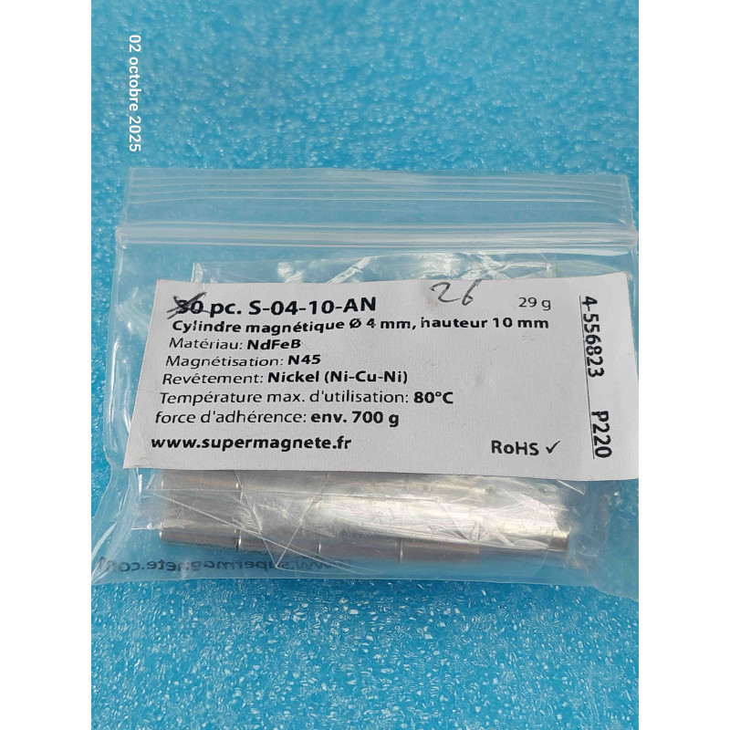 Lot de 26p Aimants  S-04-10-AN Cylindre magnétique Ø 4 mm hauteur 10 mm tient env. 700 g