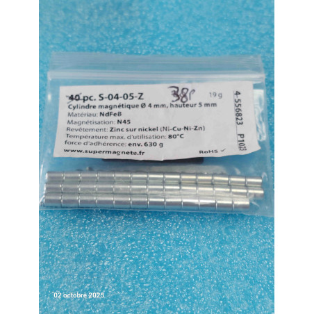 Lot de 38p Aimants  S-04-05-Z  Cylindre magnétique Ø 4 mm, hauteur 5 mm, tient env. 630 g
