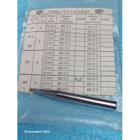 SEM 865-10D Panne de Fer Creuse 8mm de diamètre Série 865 2.5mm  ( 2S5 )