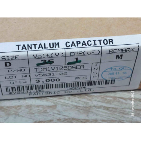Boite de 3000p Condensateur Tantale 1MF 1µF 1UF 35V Entraxe 5.08mm TDM1V105DSEA ( Q2 )