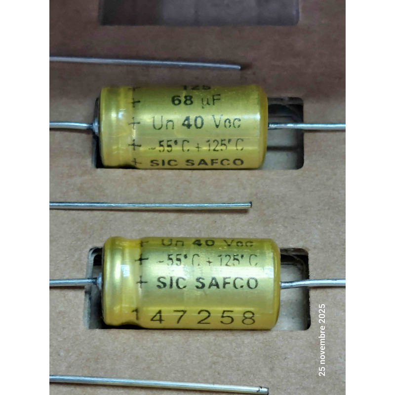 Lot de 3p Condensateur Sic-Safco PRORELSIC125 Axial 68UF 68MF 68µF 40V  125°c 10x19.5mm (Q3)