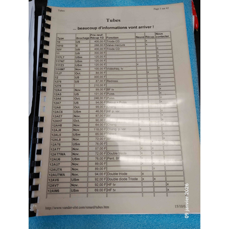 Liste de Tubes électroniques 42 Pages de 2001 avec Prix Brochage Fonction ( K2 )