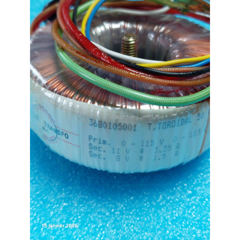 Transformateur Torique 50VA Entrée 2 x115V sortie 11V 3.25A et 8V 1.5A 368105001 ( Q4 )