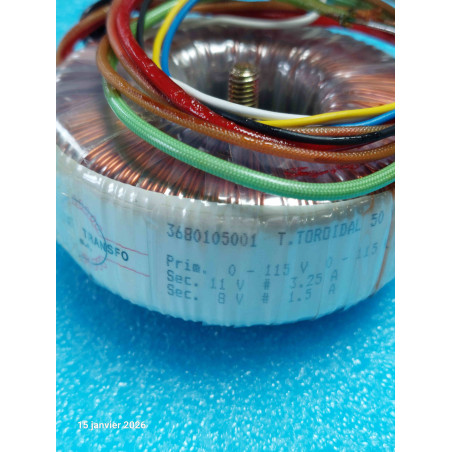 Transformateur Torique 50VA Entrée 2 x115V sortie 11V 3.25A et 8V 1.5A 368105001 ( Q4 )