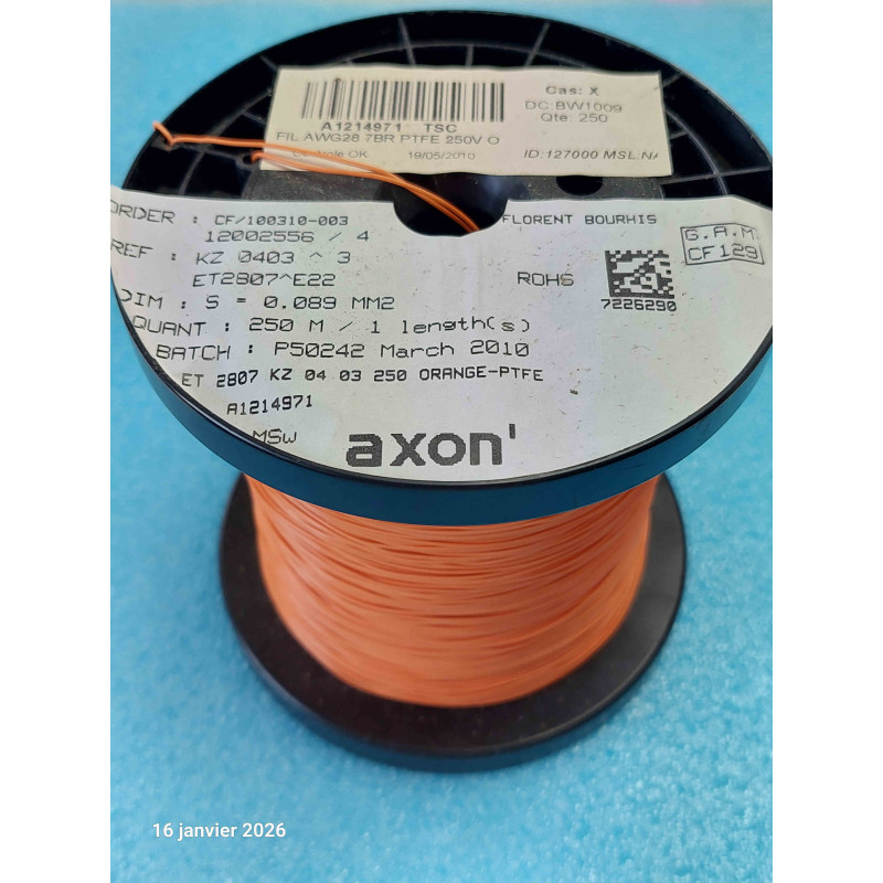 Bobine de 250M de Fil Orange KZ0403 ^3  PTFE ET2807^E22 0.089m²  7 Brins AWG28