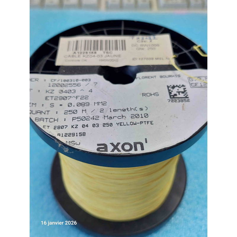Bobine de 250M de Fil Jaune KZ0403 ^4 PTFE ET2807^F22 0.089m² 7 Brins AWG28