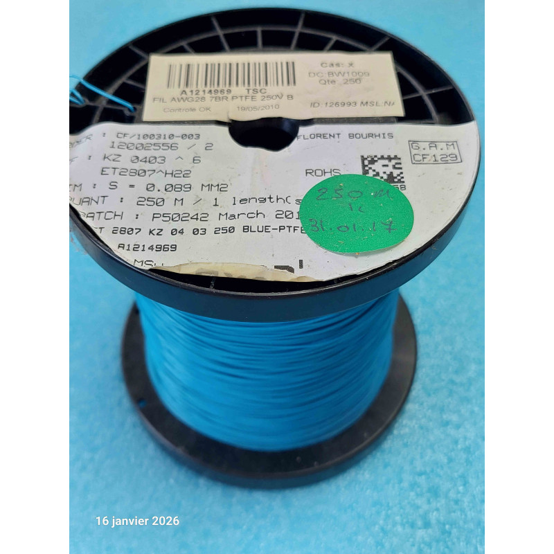 Bobine de 250M de Fil Bleu KZ0403 ^6 PTFE ET2807^H22 0.089m² 7 Brins AWG28