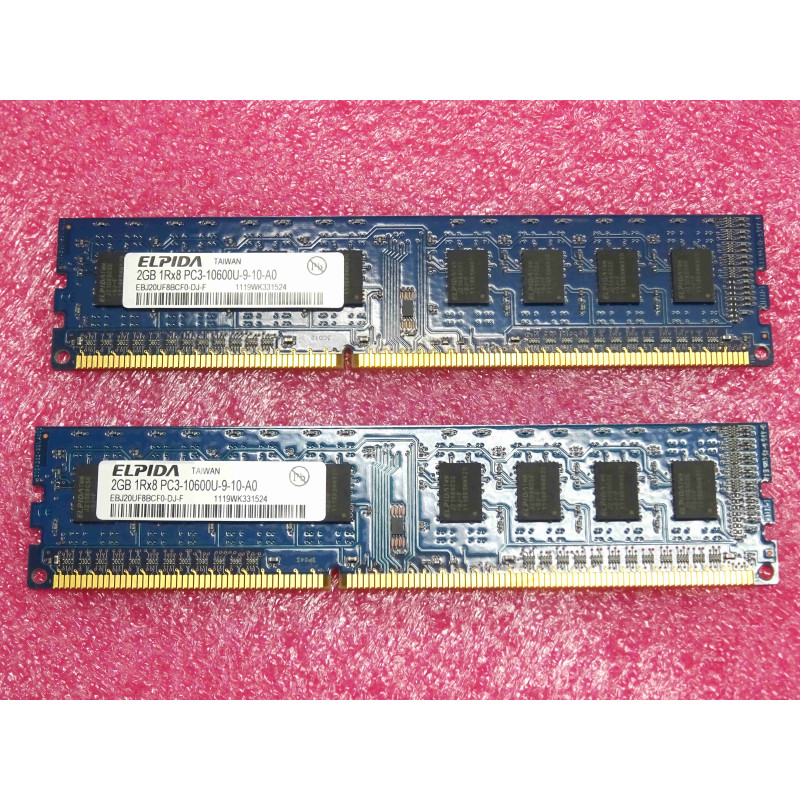 Lot de 2 barettes de 2Go de RAM DDR3 Elpida EBJ20UF8BCF0-DJ-F 2GB 1Rx8 PC3-10600U-9-10-A0