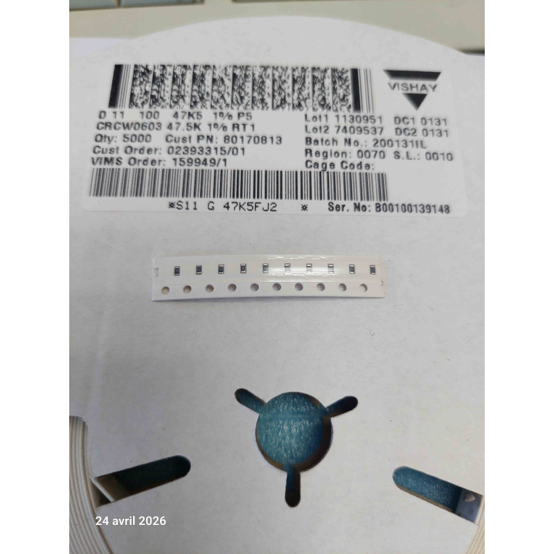 Lot de 25p Résistance CMS de précision 47K5 1%  0603 47.5K Vishay CRCW0603 47.5K  ( G18 )